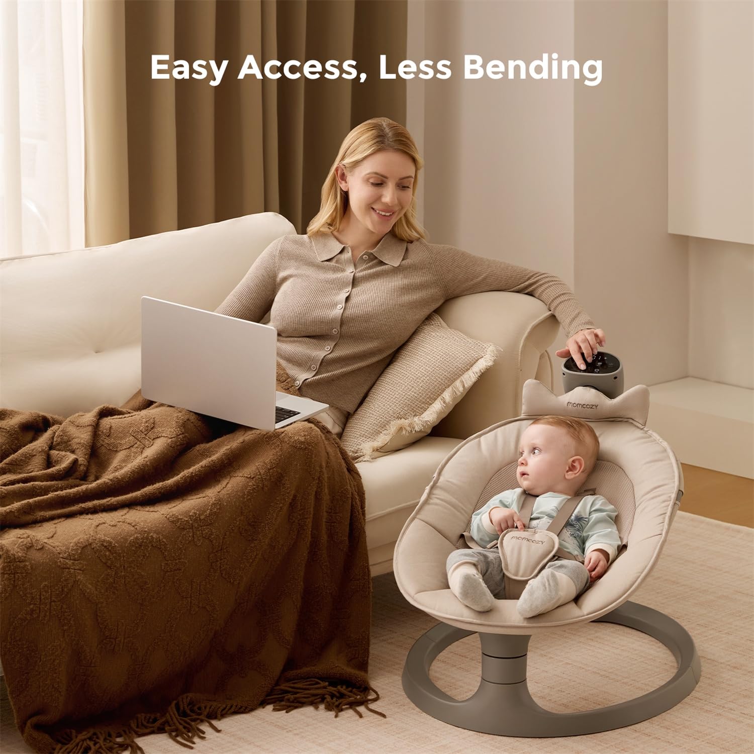Momcozy elevated control panel access indicates easy adjustments from a comfortable height.