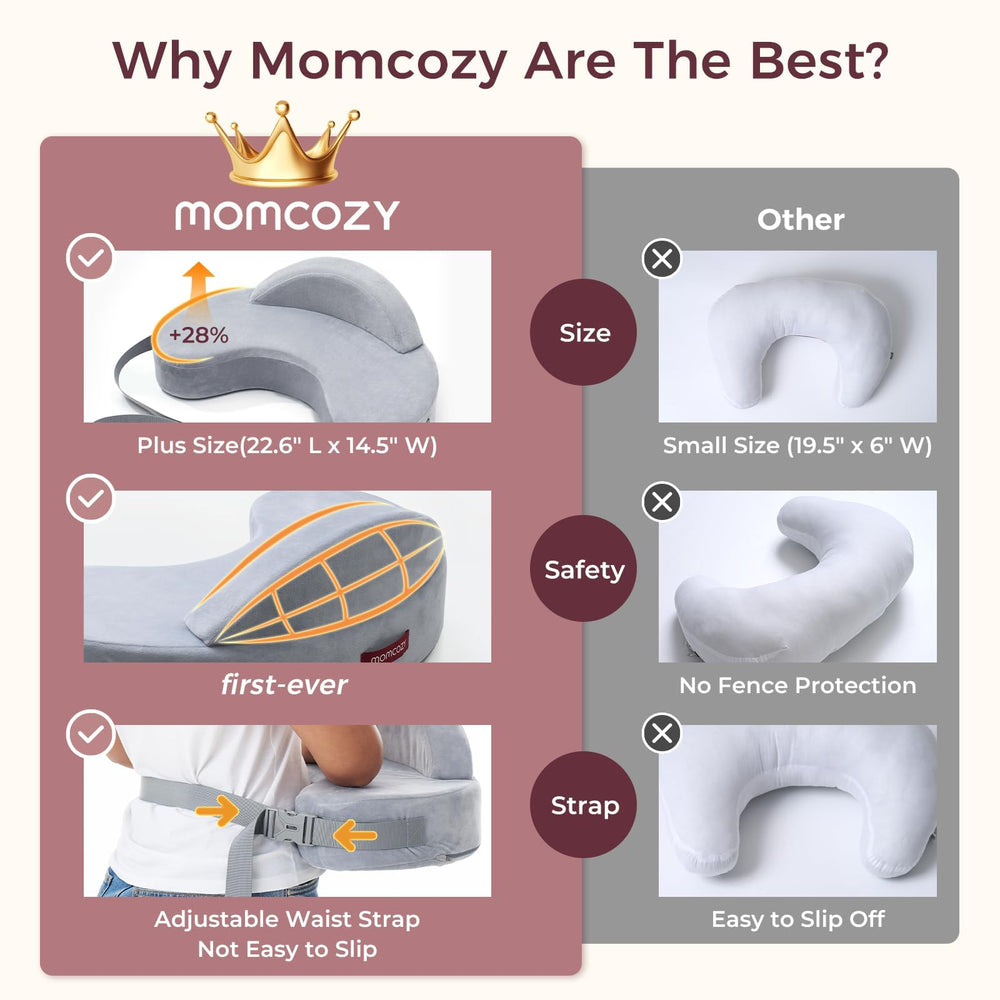 Momcozy ergonomic feeding position supports comfortable latch and reduced arm strain.