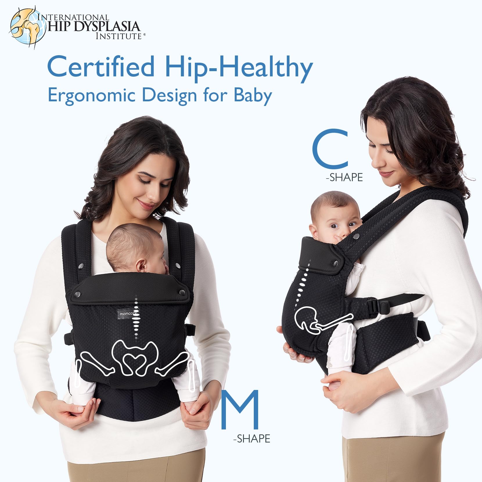 Momcozy ergonomic M-position supports baby's hips for natural seating.