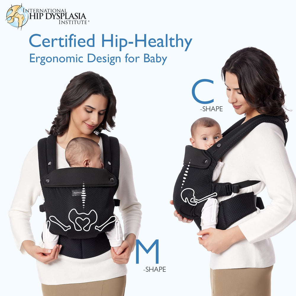 Momcozy ergonomic M-position supports baby's hips for natural seating.