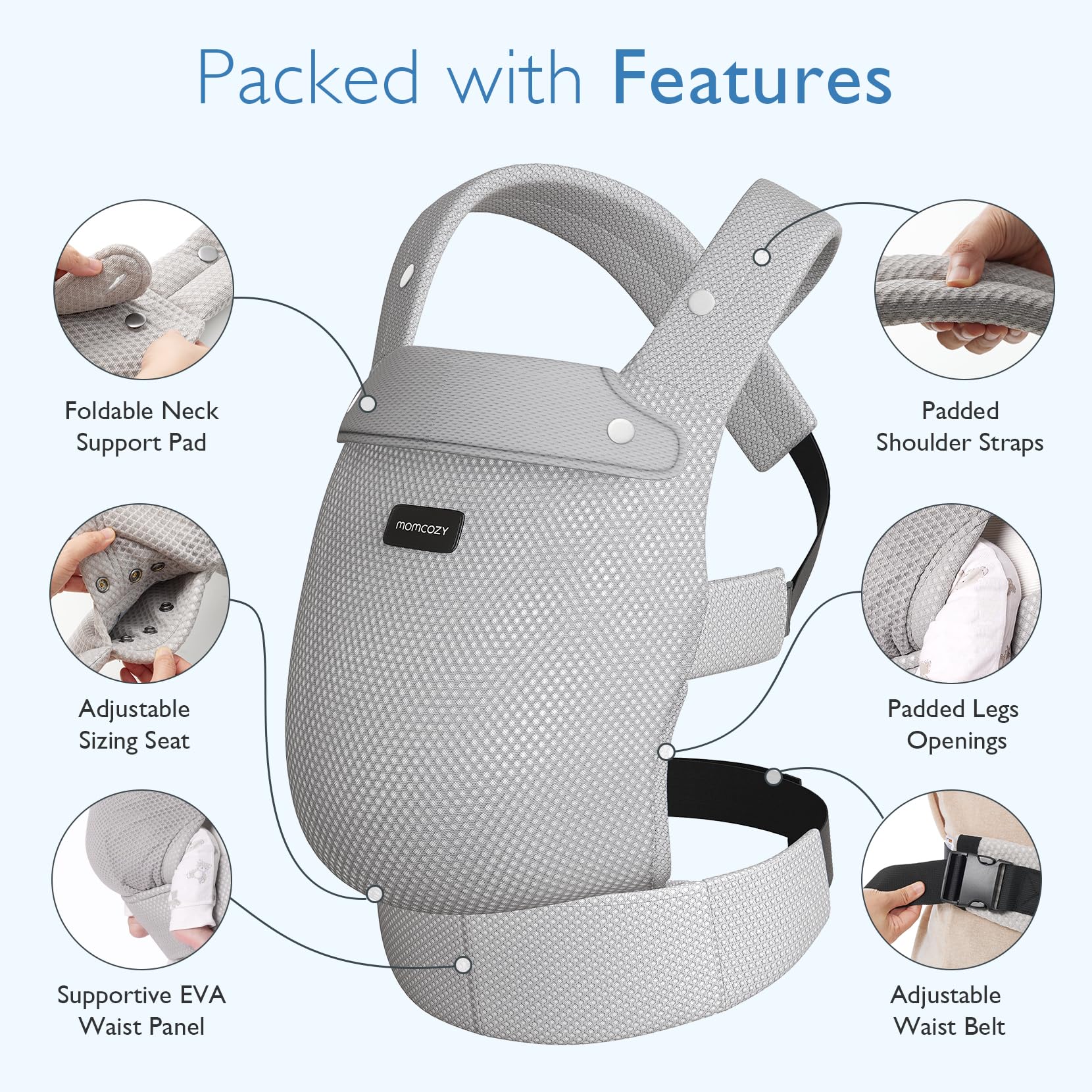 Momcozy ergonomic M-position supports safe hip alignment during wear.