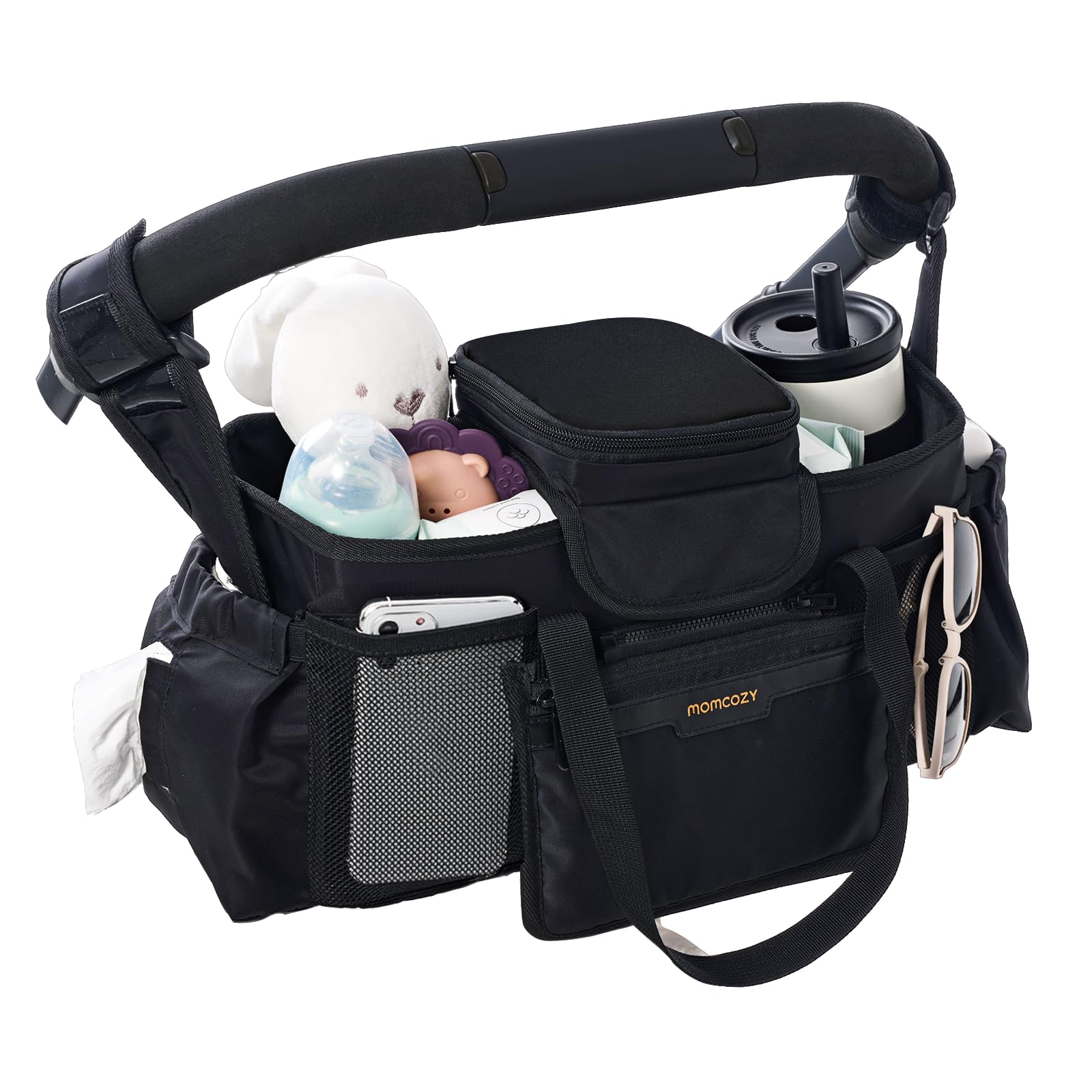Momcozy Extra Large Stroller Organizer Max pacifier pocket keeps pacifiers clean and accessible