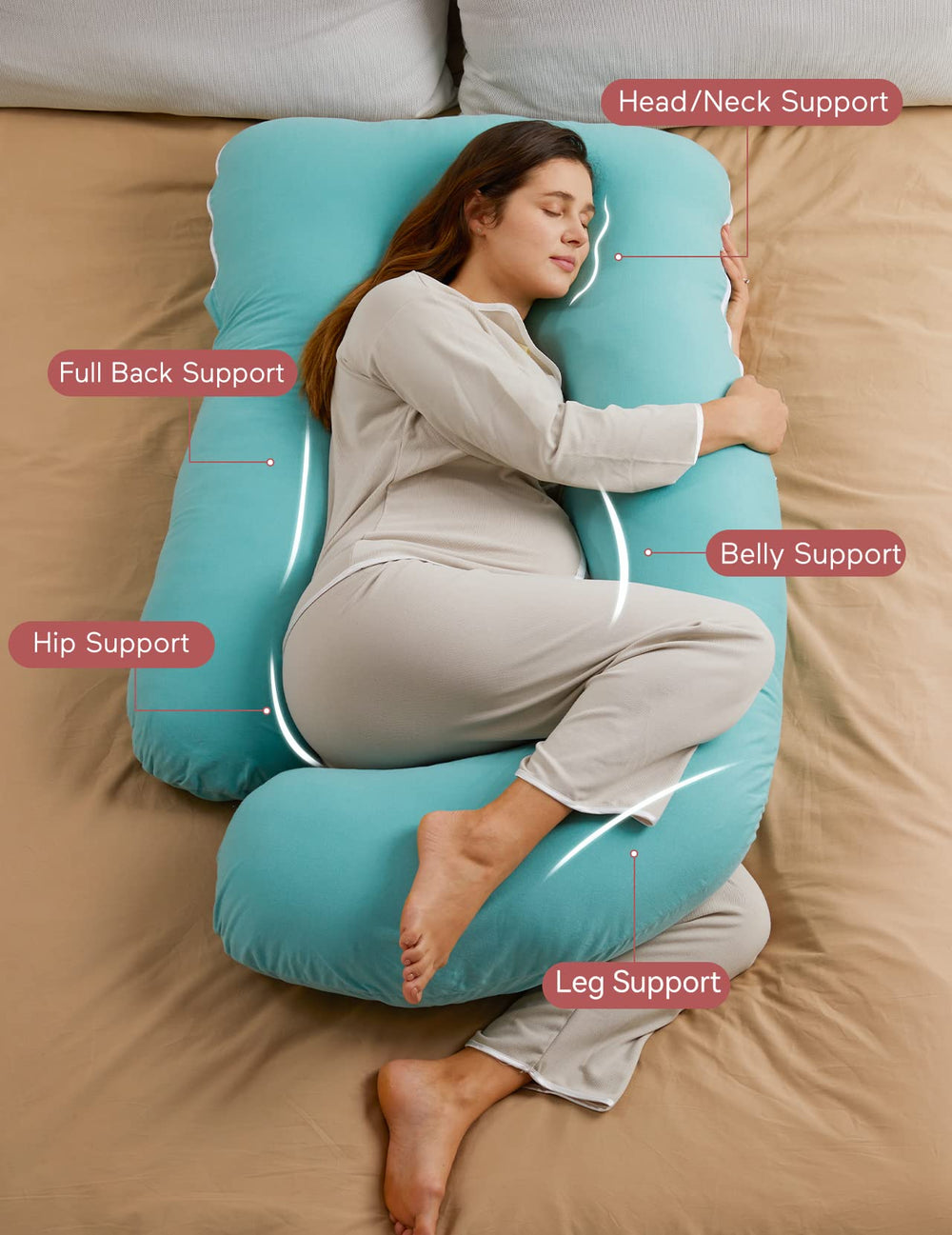 Momcozy full-body pillow side view shows adjustable bend for reading or lounging