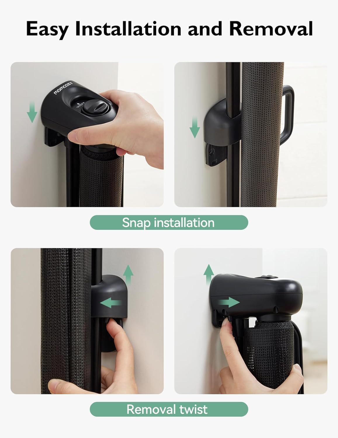 Momcozy mesh gate suitable for indoor and outdoor use in doorways and stairs.