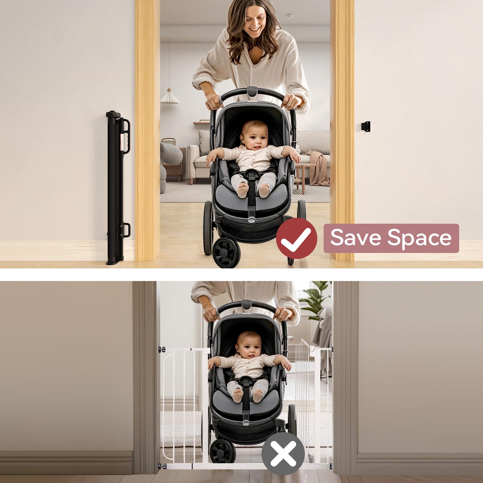 Momcozy retractable gate features no bottom rails to reduce trip hazards.