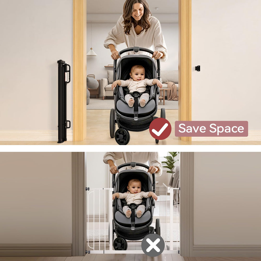 Momcozy retractable gate features no bottom rails to reduce trip hazards.