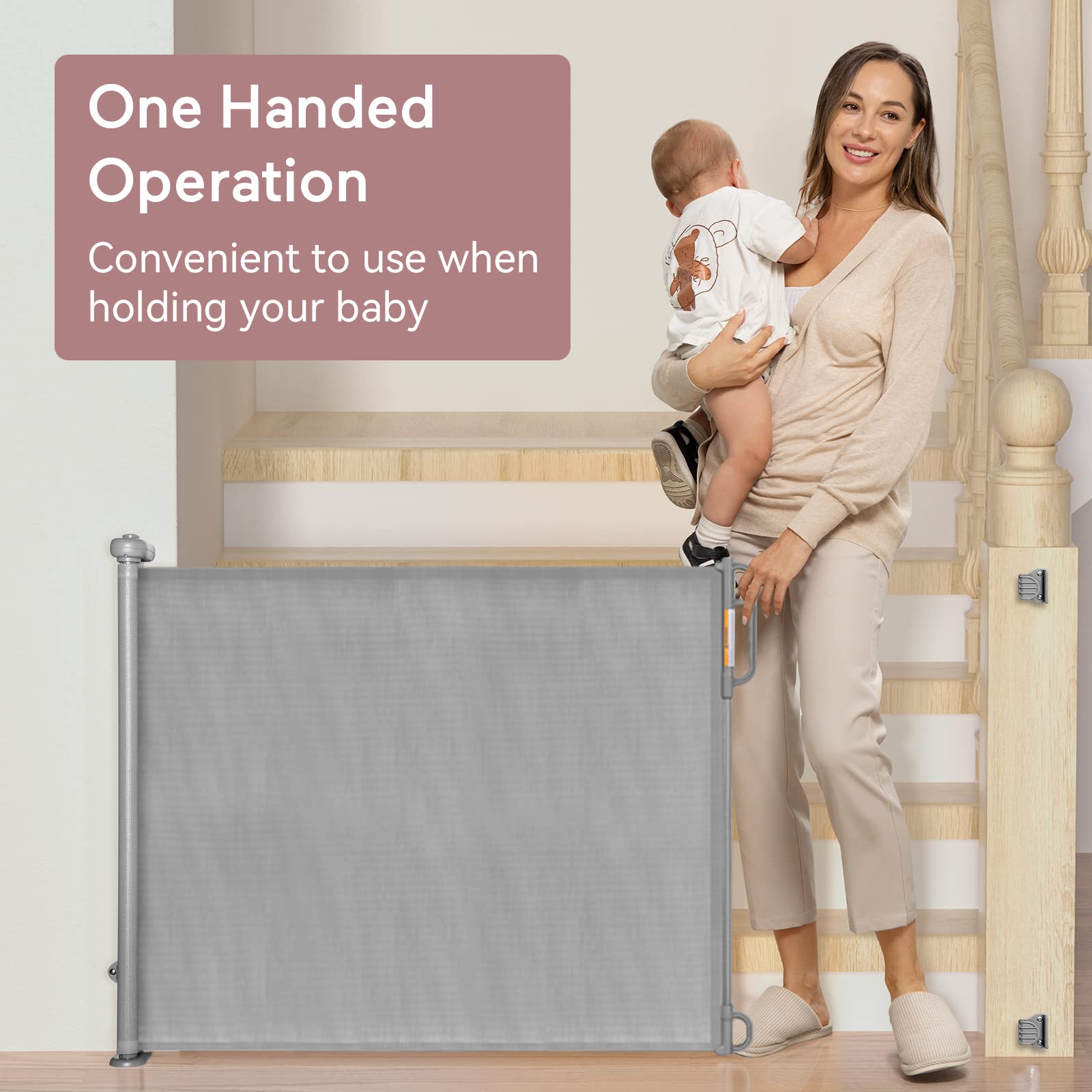 Momcozy gate with no bottom rails lowers tripping risk in high-traffic areas.
