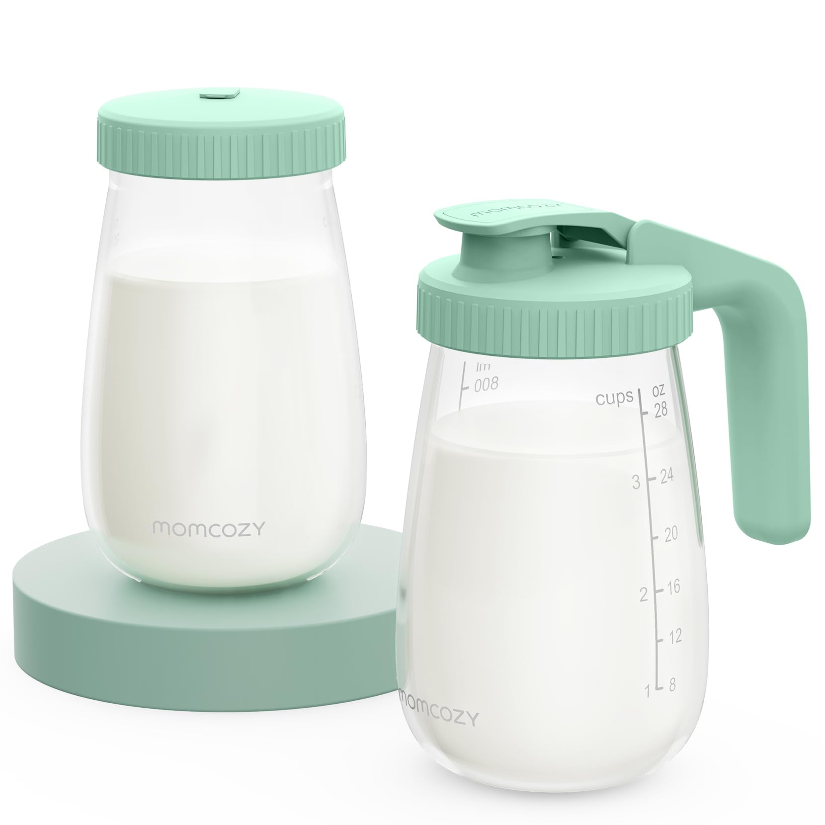 Momcozy glass breast milk pitcher with flat lid pouring for easy storage and serving.