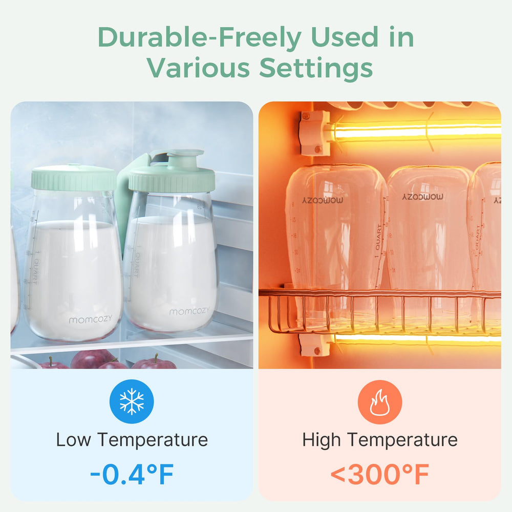 Momcozy glass breast milk pitcher with handle lid offers ergonomic, comfortable pouring.