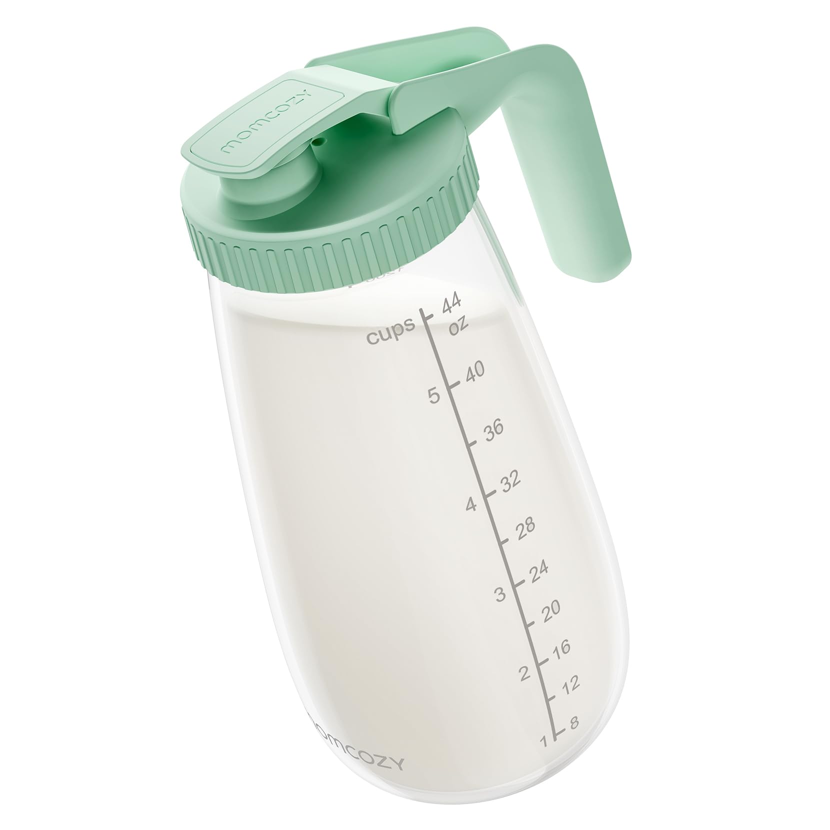 Momcozy glass breastmilk pitcher 48oz front view for fewer refills and bulk storage