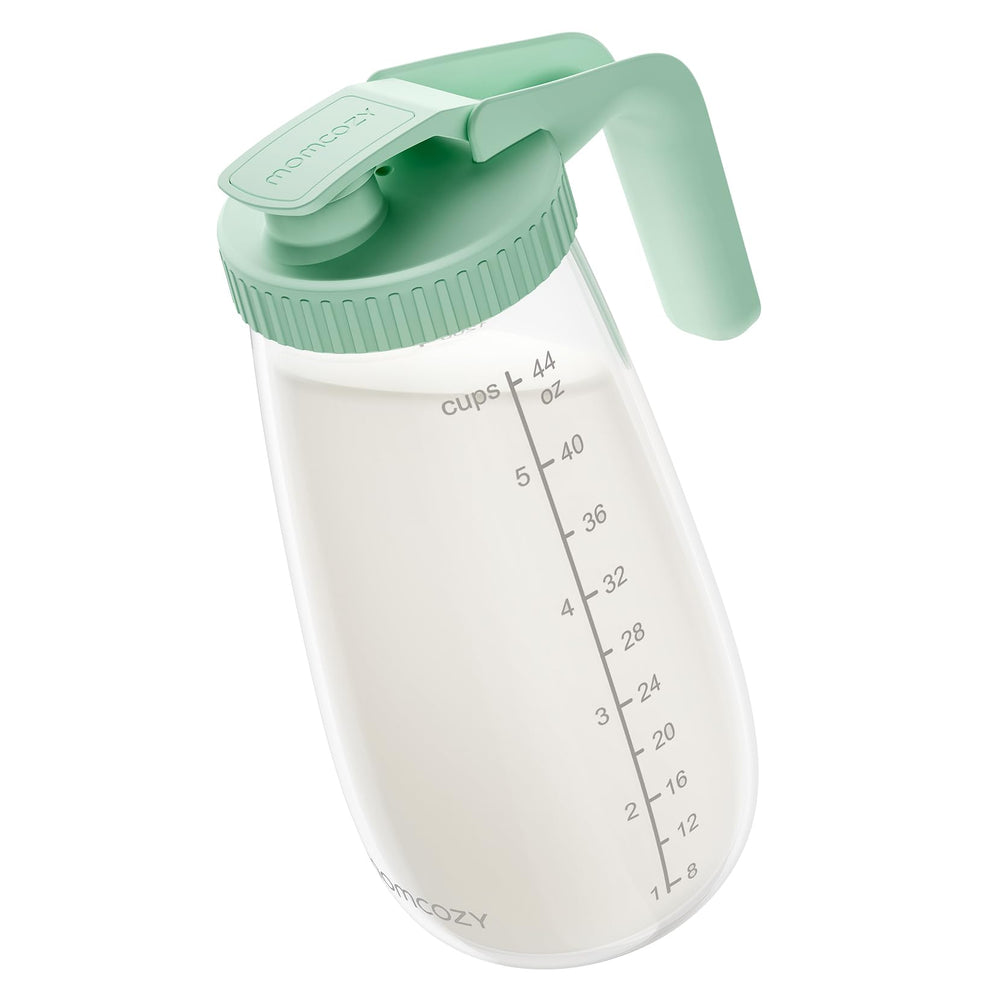 Momcozy glass breastmilk pitcher 48oz front view for fewer refills and bulk storage