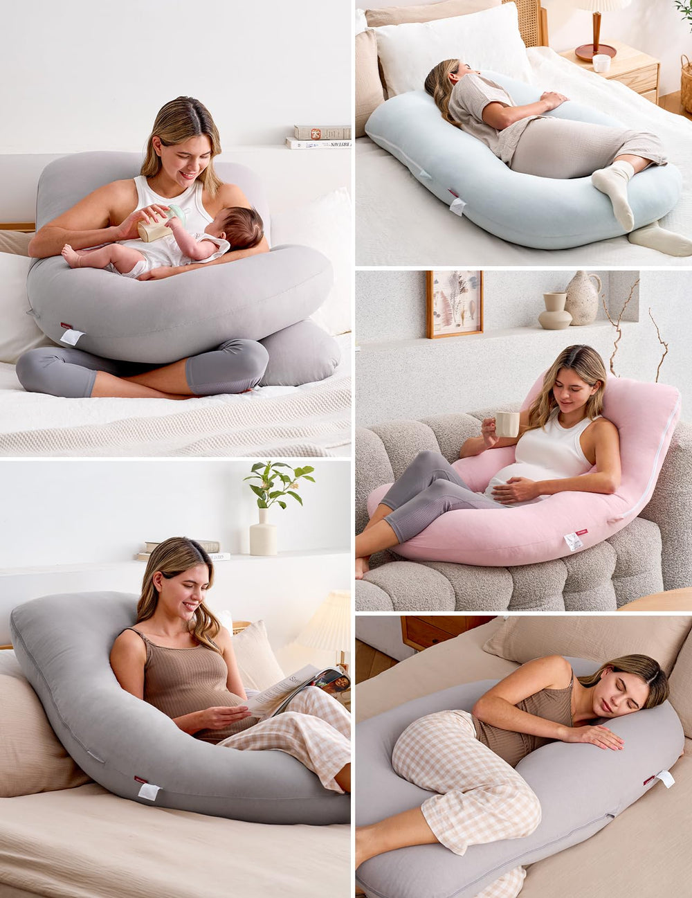 Momcozy grey maternity pillow complements modern bedroom aesthetics