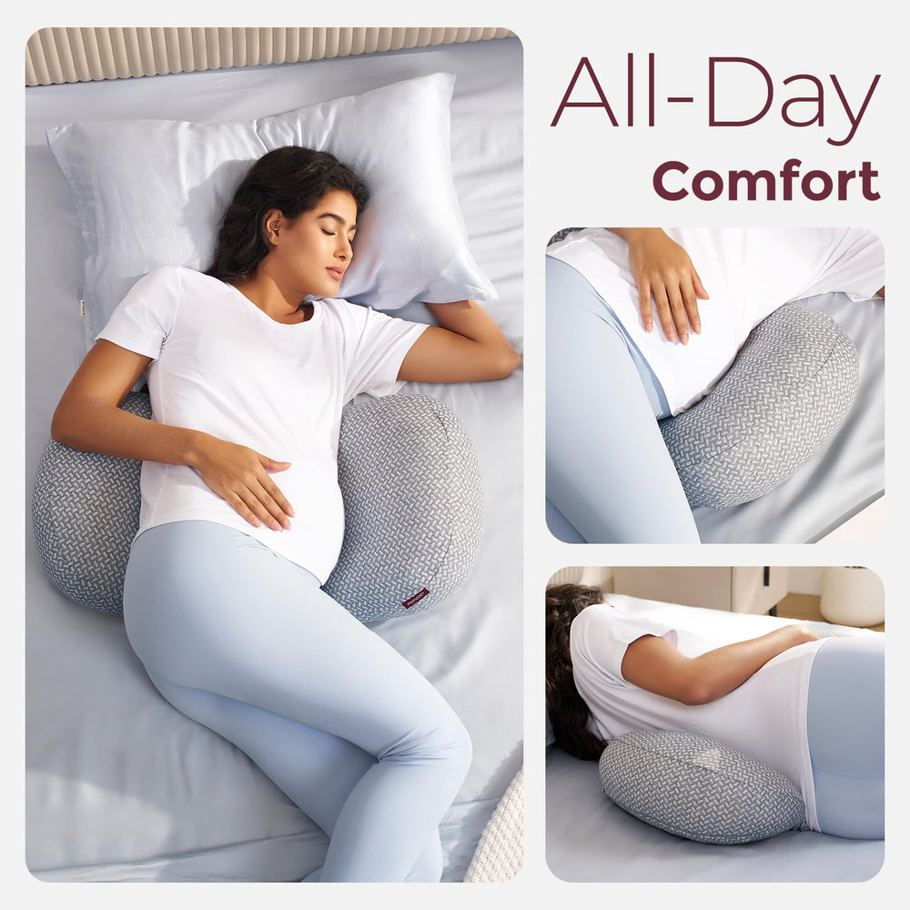 Grey Momcozy pregnancy pillow shown aiding side sleeping