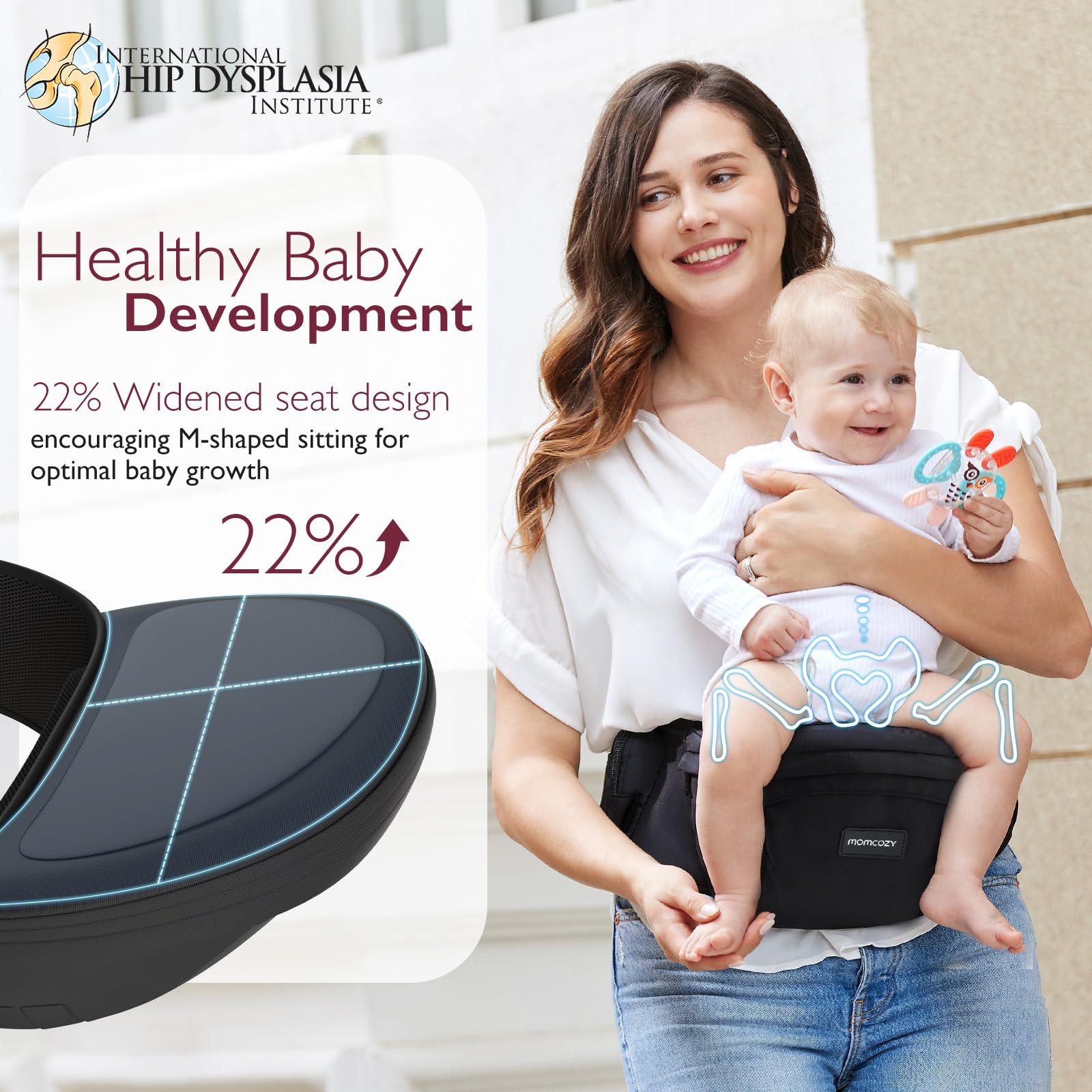 Momcozy hip seat carrier with 3D belly protector provides gentle abdominal support.