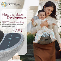 Momcozy Hip Seat 3D belly protector highlights abdominal and lumbar support for comfortable carries.