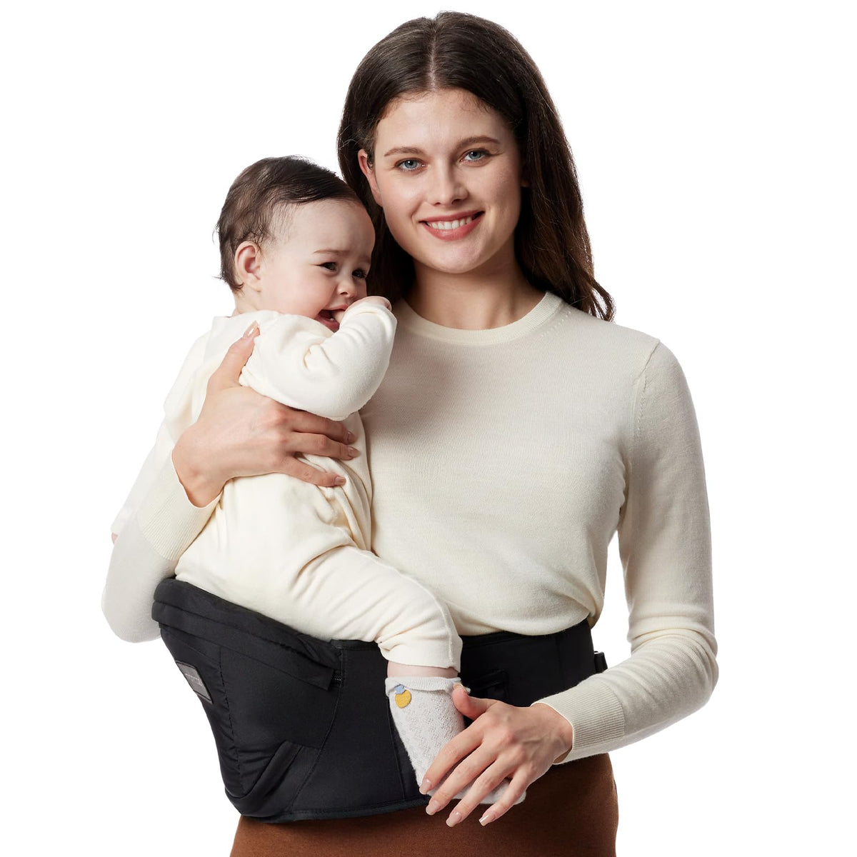 Momcozy Hip Seat Carrier with 3D belly support eases back strain for parents.