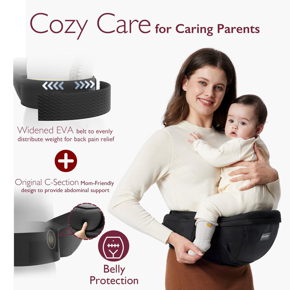 Momcozy hip seat carrier features adjustable waistband for different body types.