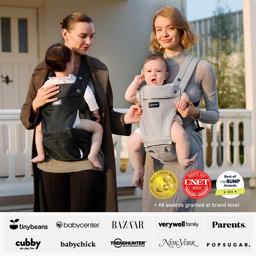 Momcozy hip-seat provides additional support for longer walks.