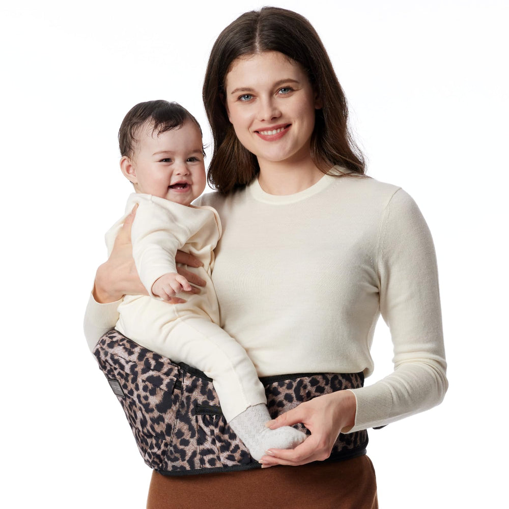 Momcozy Hip Seat Leopard front view shows ergonomic carrier design for quick outings.