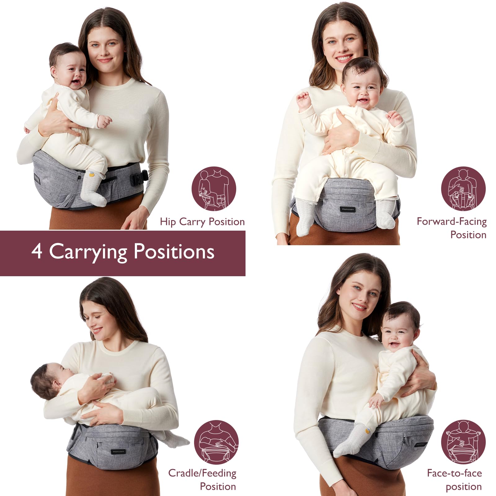 Momcozy Hip Seat Carrier side carry view for versatile holding options.