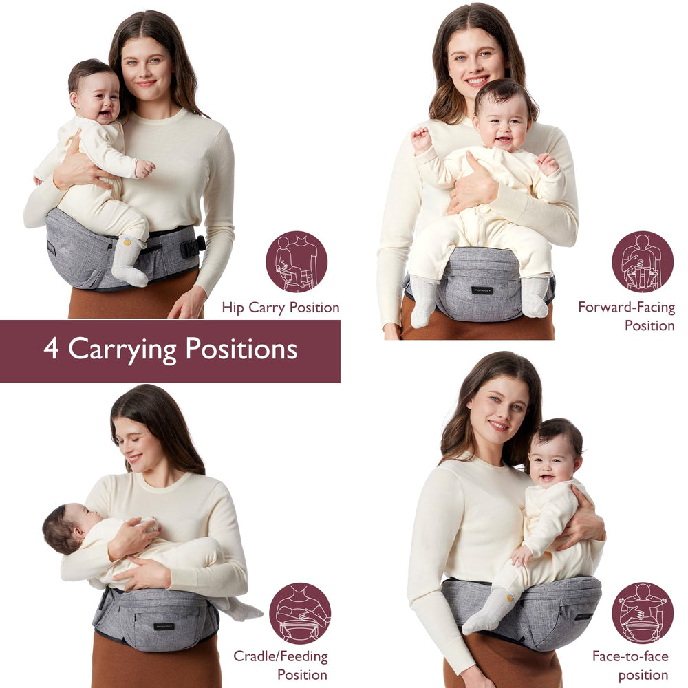 Momcozy Hip Seat Carrier side carry view for versatile holding options.