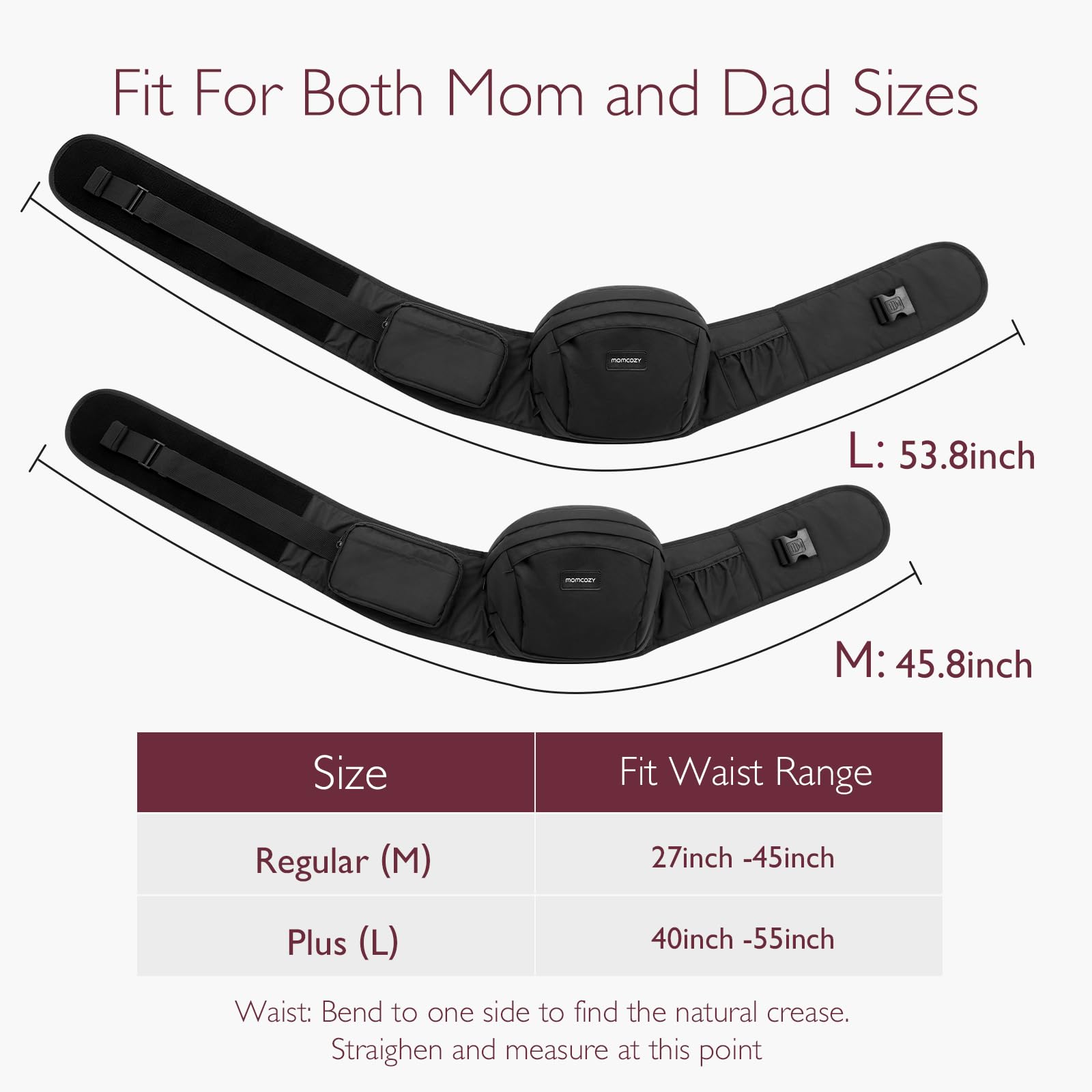 Momcozy hip seat carrier highlighting multiple storage pockets for essentials.