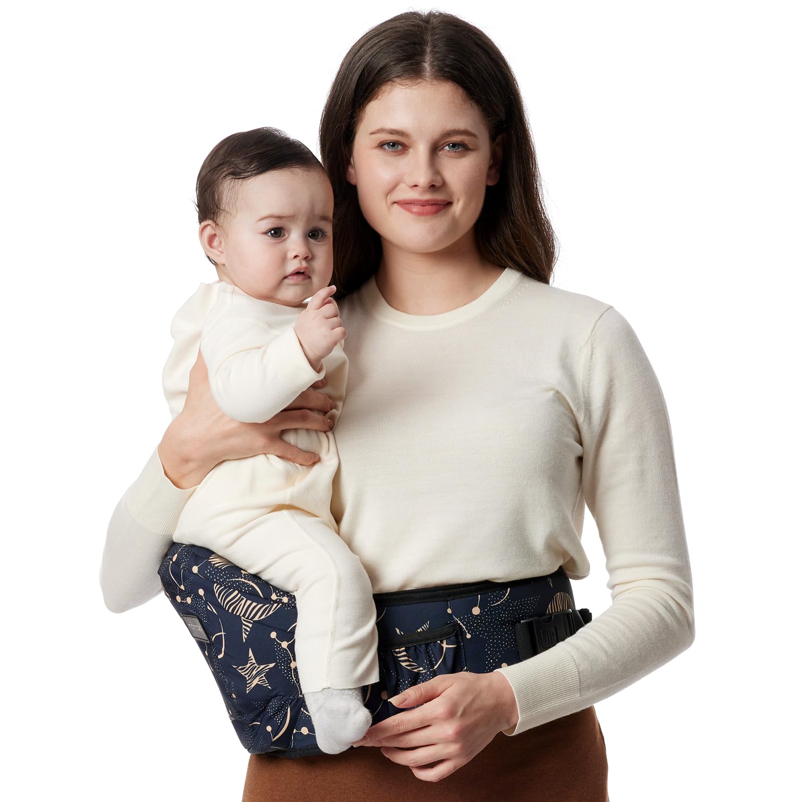 Momcozy hip-seat carrier demonstrates ergonomic wearing-comfort for all-day carries.