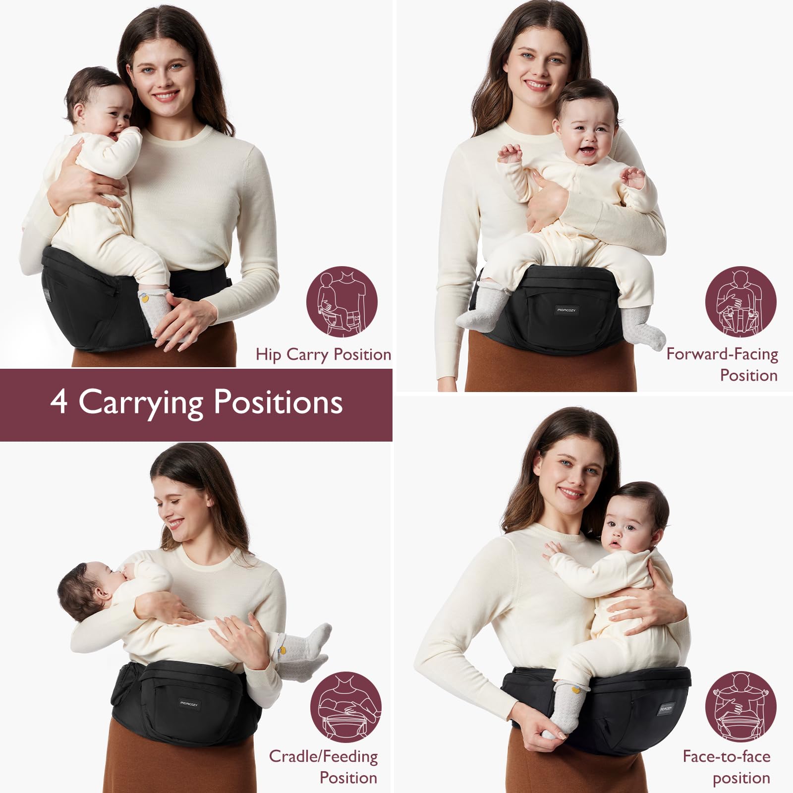 Momcozy hip seat carrier appears lightweight at 1.54 pounds for easy carrying.