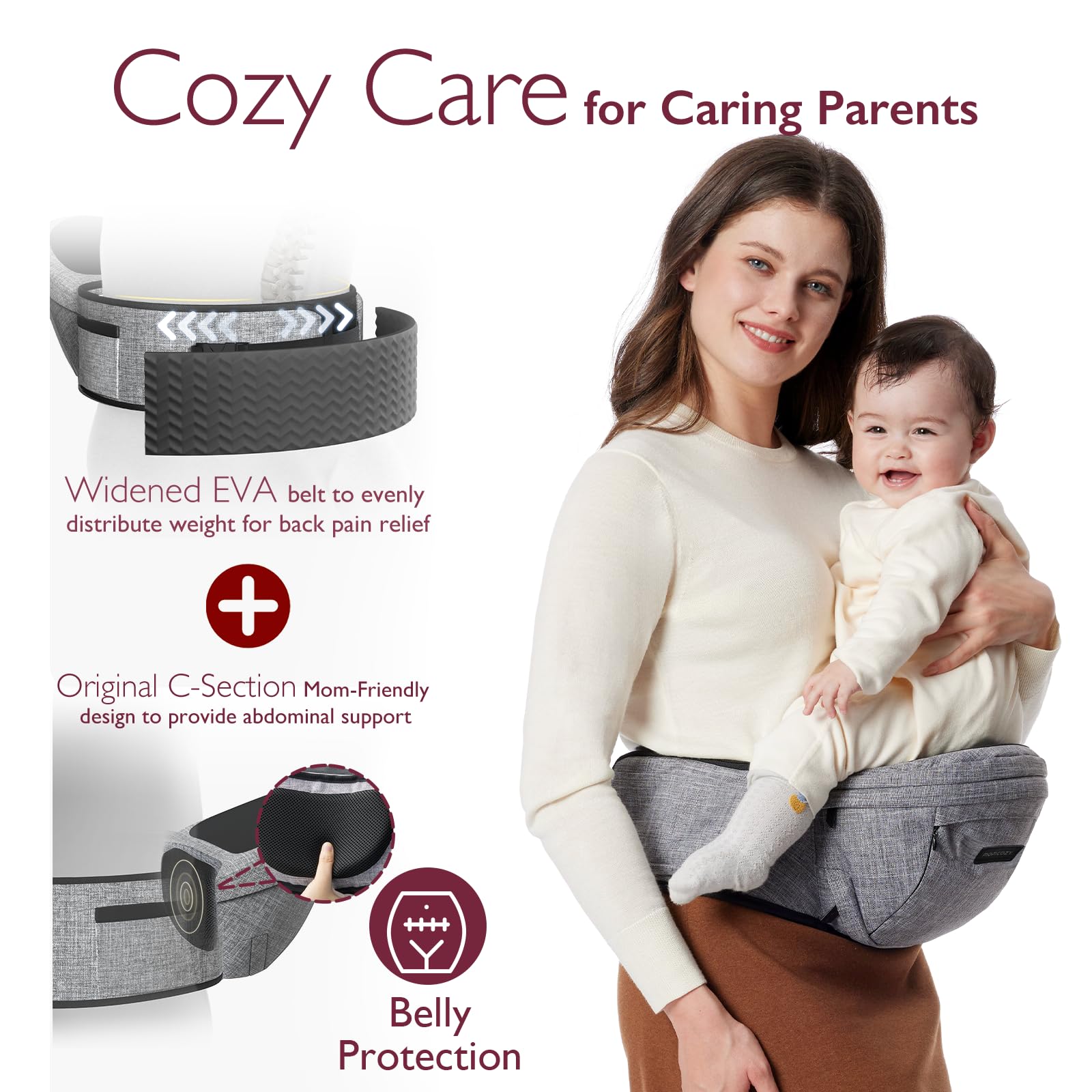 Momcozy Hip Seat Widened Waistband Buckle — secure fit for longer wear