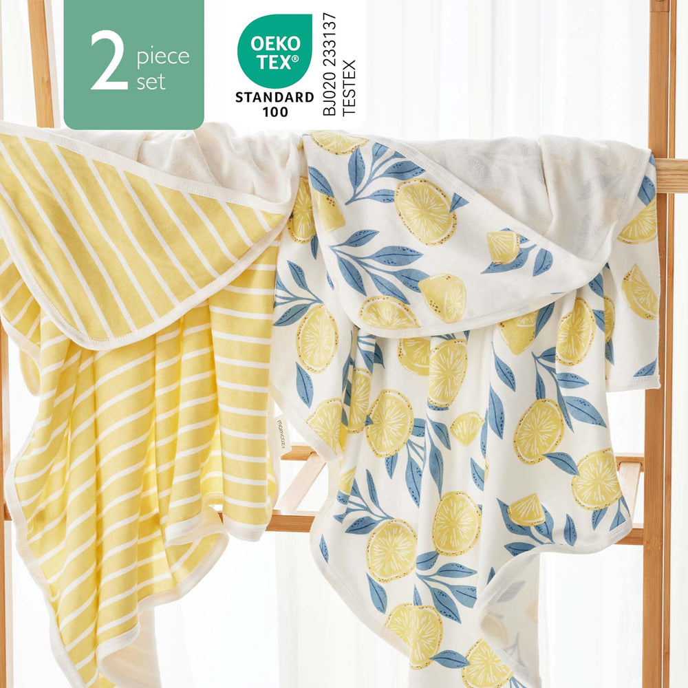 Momcozy hooded towel 35x35 inches covers newborns through toddlers after baths.