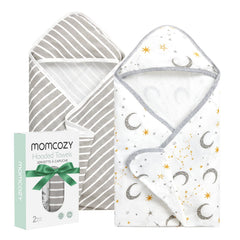 Momcozy hooded baby towel Starry Sky fold highlights playful design and snug wrap.