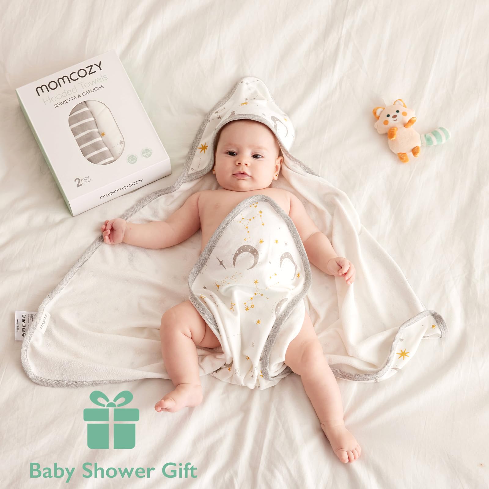 Momcozy hooded baby towel viscose-cotton knit texture emphasizes softness and breathability.