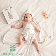 Momcozy hooded baby towel viscose-cotton knit texture emphasizes softness and breathability.