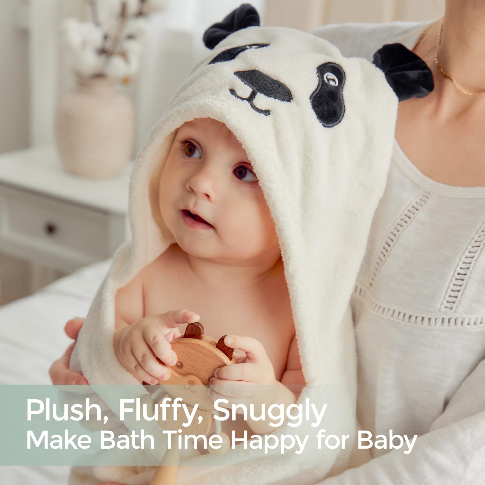 Momcozy hooded towel snaps keep in place during post-bath play
