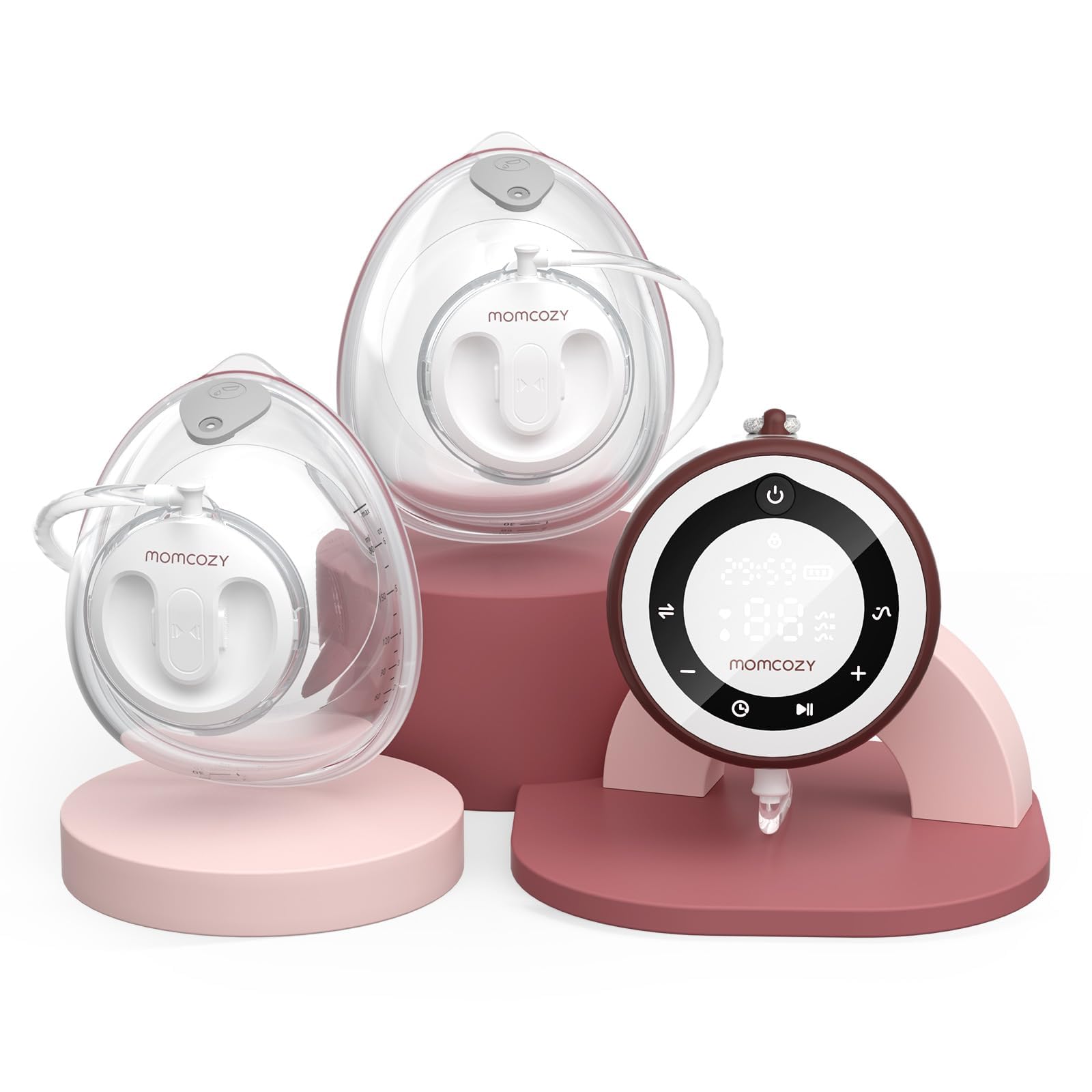 Momcozy hospital-grade wearable pump front view, compact and hands-free for on-the-go pumping.