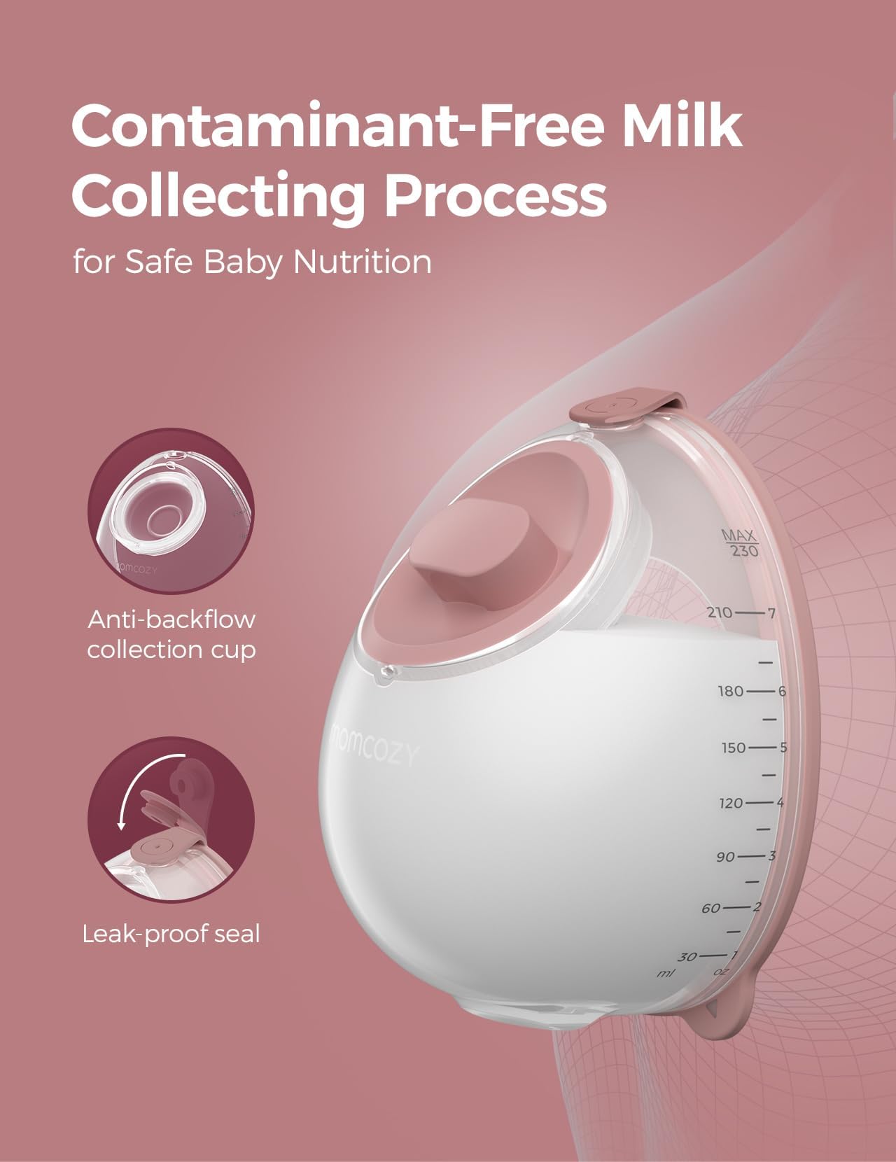 Momcozy hospital-grade wearable pump leak-proof seal, comfortable all-day wear.