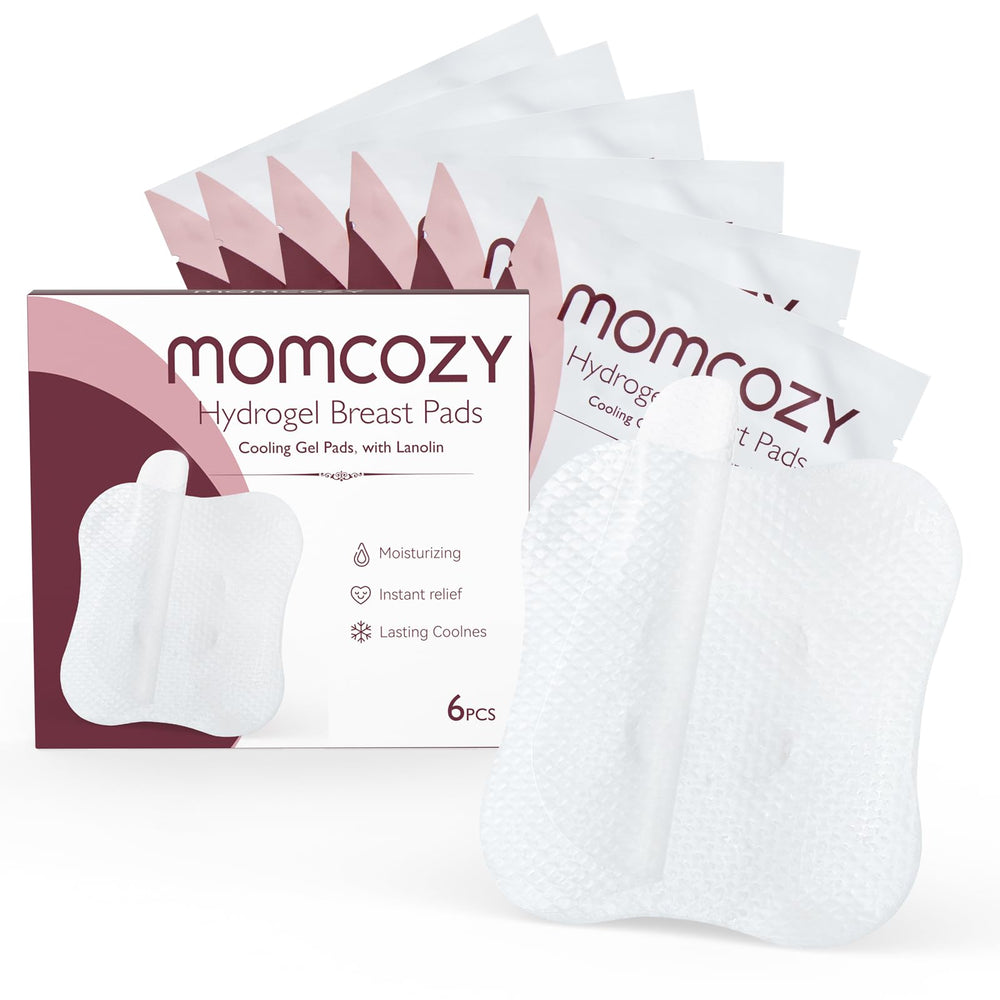 Momcozy hydrogel nipple pads with cooling relief for nursing sessions.