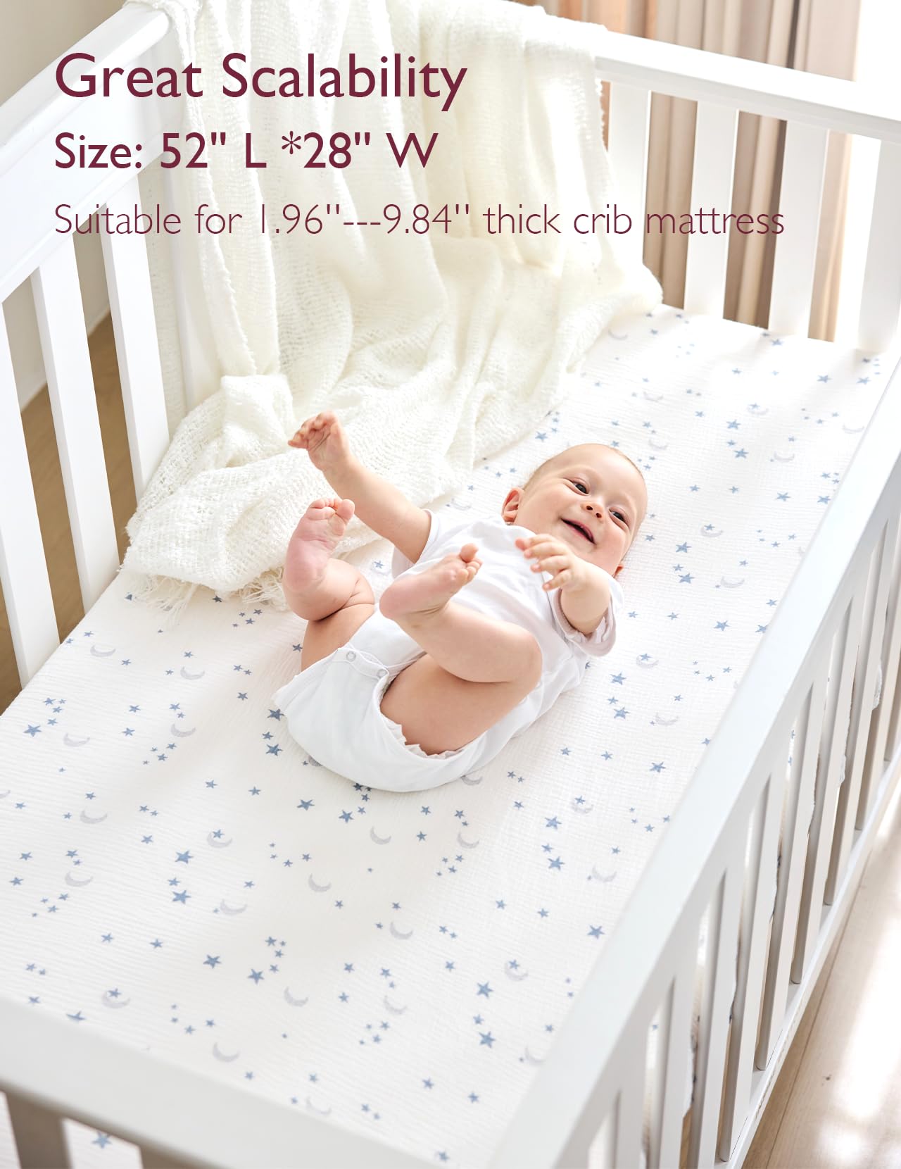 Momcozy inside-seam durability crib sheet highlights reinforced corners