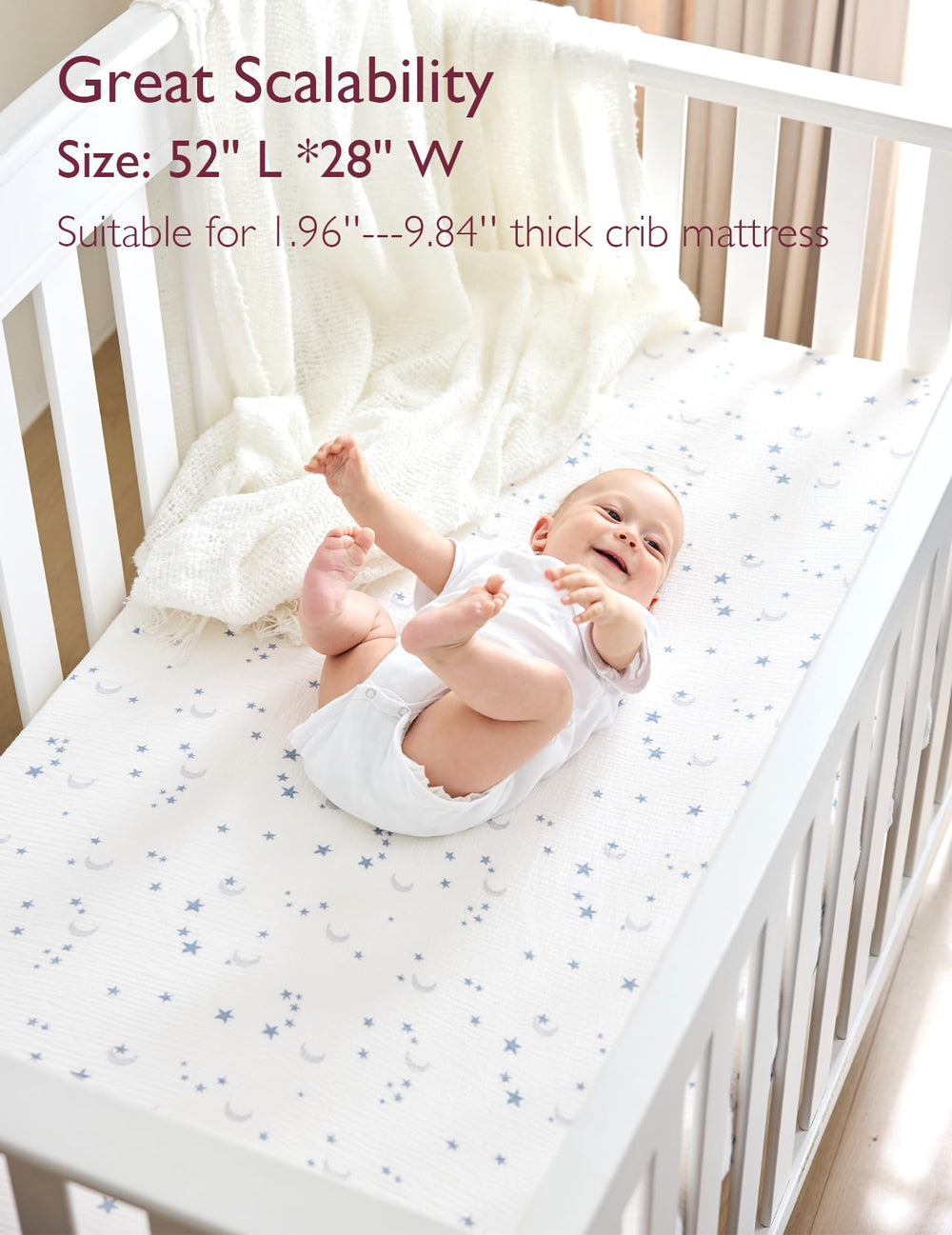 Momcozy inside-seam durability crib sheet highlights reinforced corners