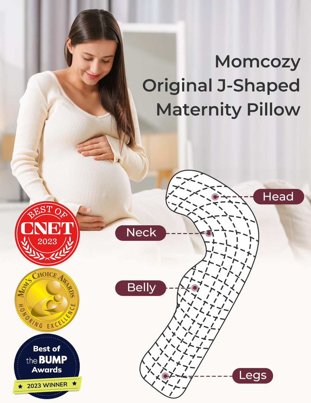 Momcozy J-shaped pillow provides head and neck support during rest.