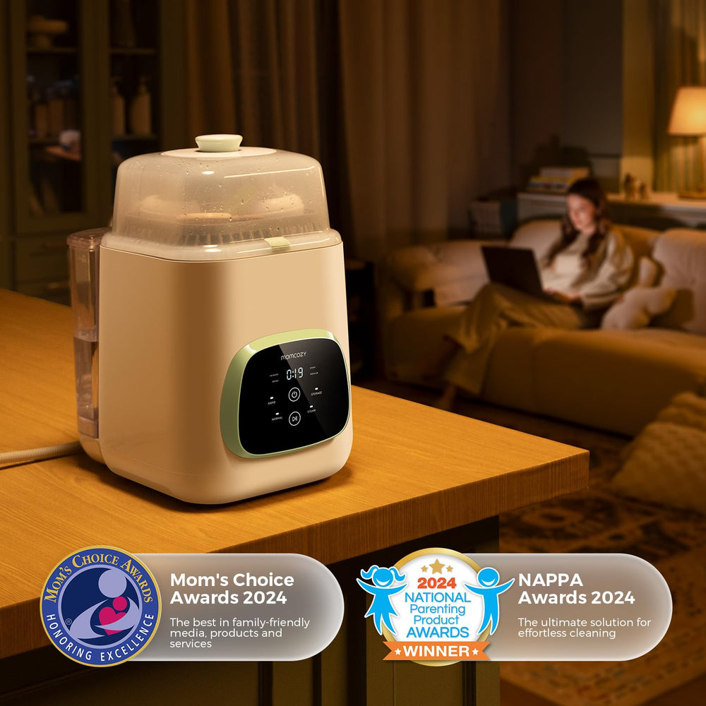 Momcozy KleanPal Pro warranty kit shows included tablets and 1-year coverage.