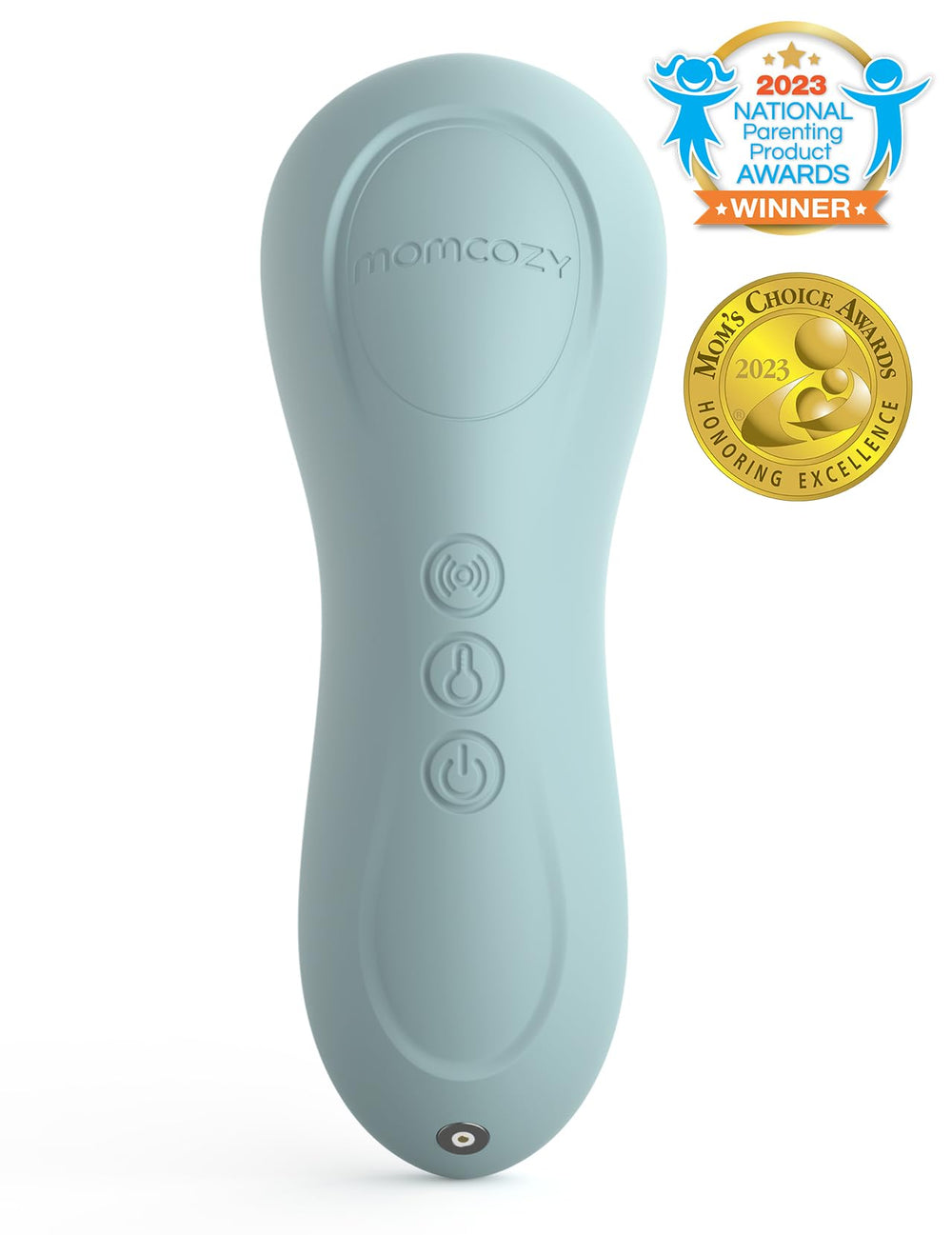 Blue-green Momcozy massager color helps quick identification in storage.