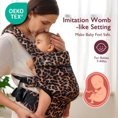 Momcozy Leopard carrier with padded waist supports all-day wear.