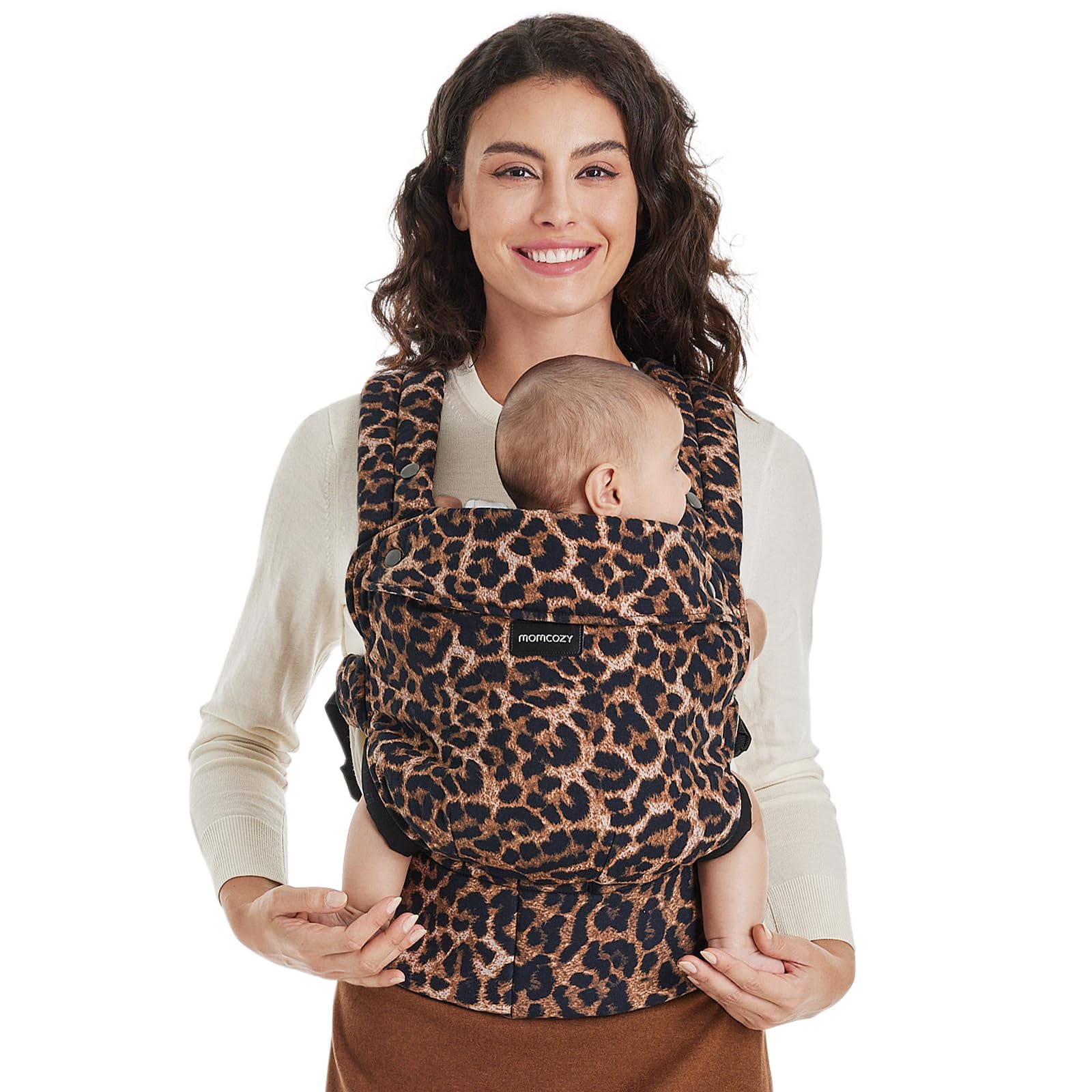 Momcozy Leopard front view demonstrates ergonomic comfort for hands-free outings.