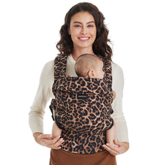 Momcozy Leopard front view demonstrates ergonomic comfort for hands-free outings.