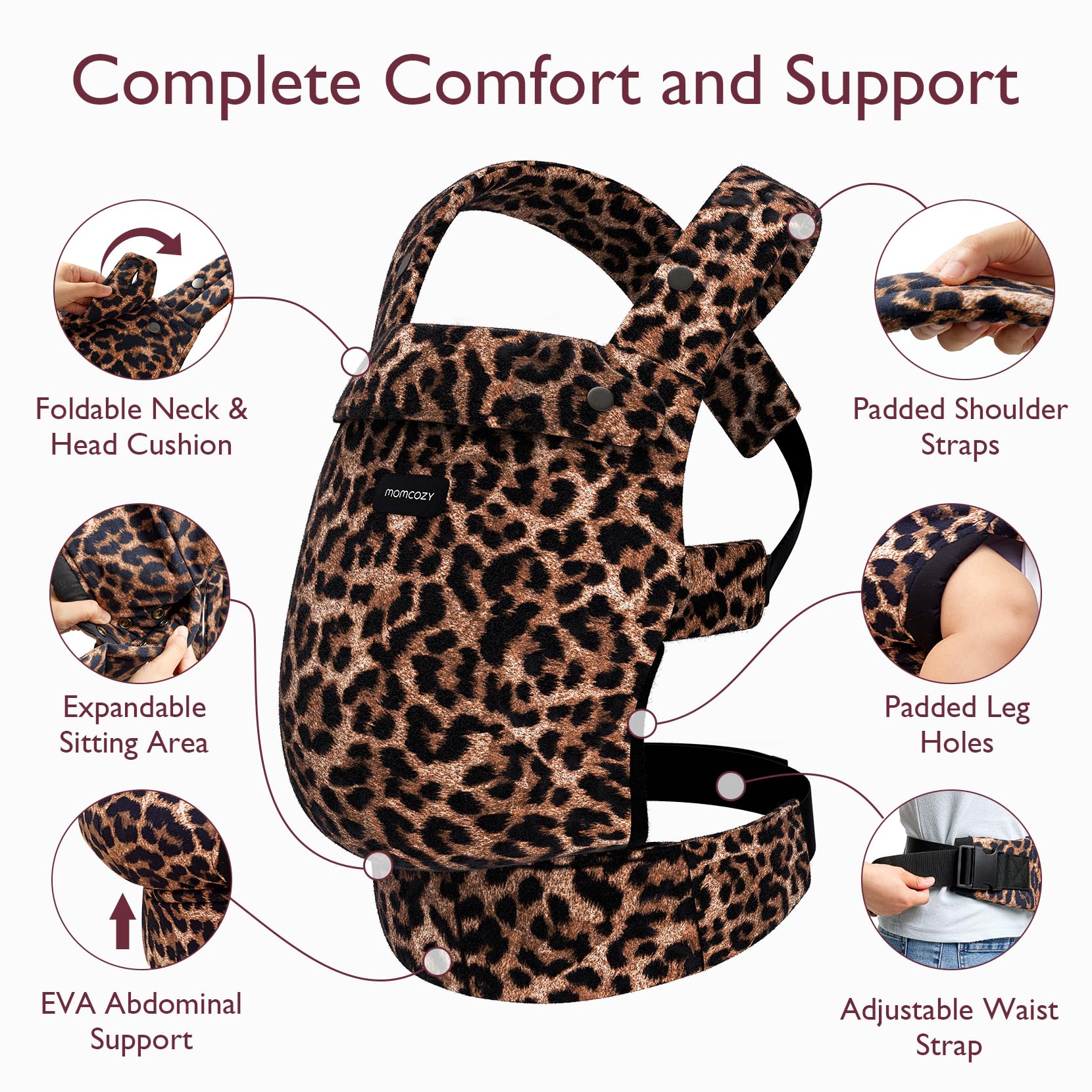 Momcozy Leopard X-back distributes weight for smooth carrying.