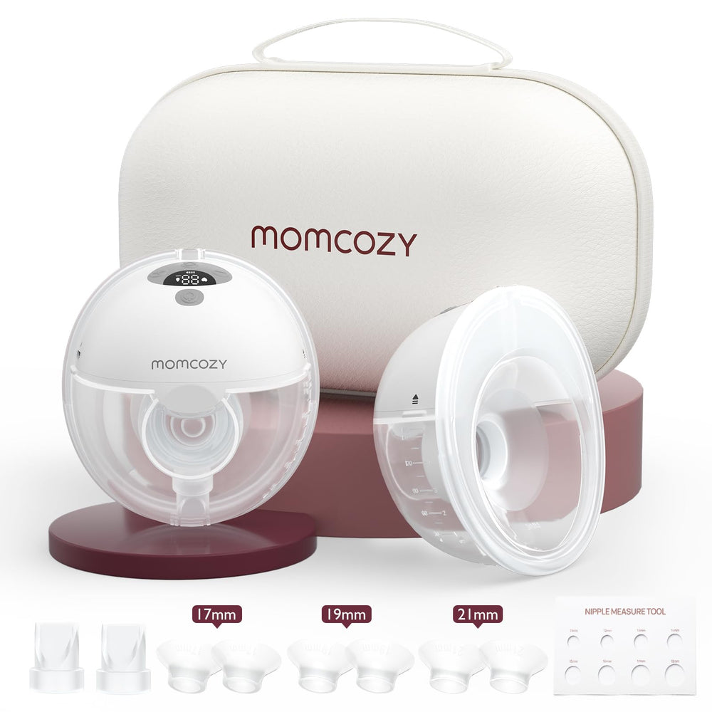 Momcozy M5 hands-free wearable pump in use under clothing for multitasking pumping.