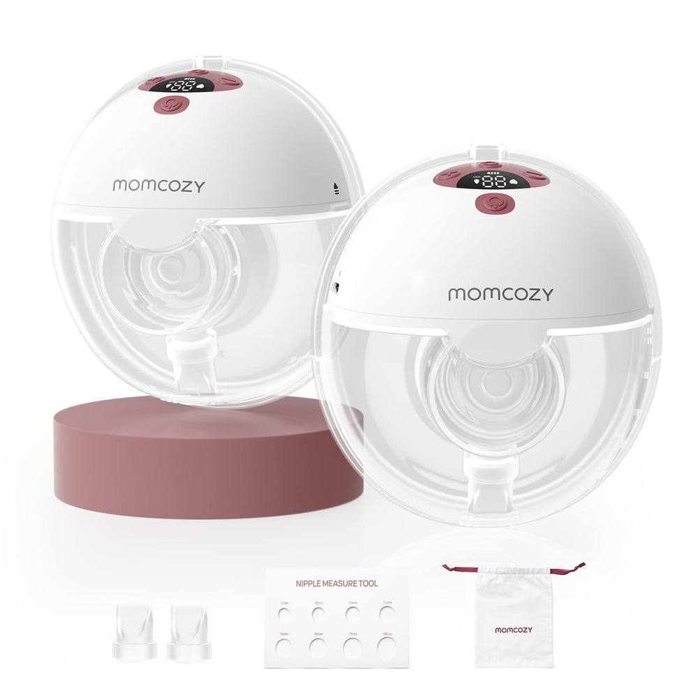 Momcozy M5 Lite wearable pump front view showing discreet hands-free pumping