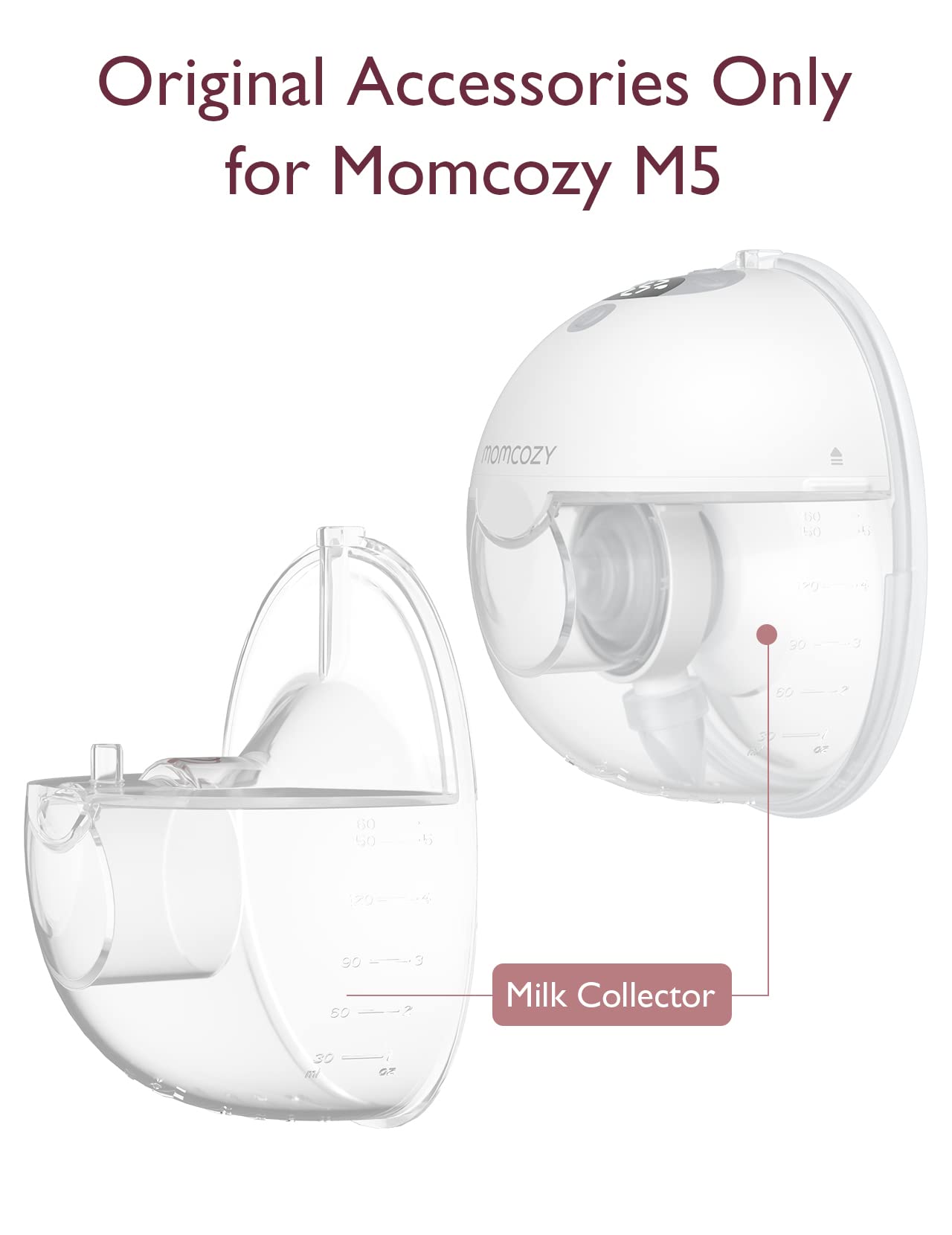 Momcozy M5 milk collector shown with other parts, enabling hands-free pumping.