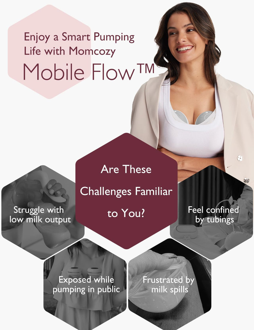 Momcozy M9 DoubleFit flange discreet design supports privacy while pumping.